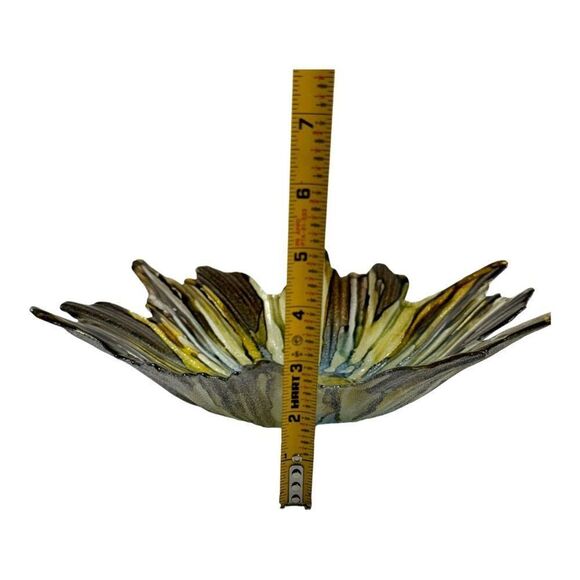 Hand Blown Glass Flower Bowl Glitter Blue Yellow Art Piece 12" Reverse Painted - Picture 6 of 7